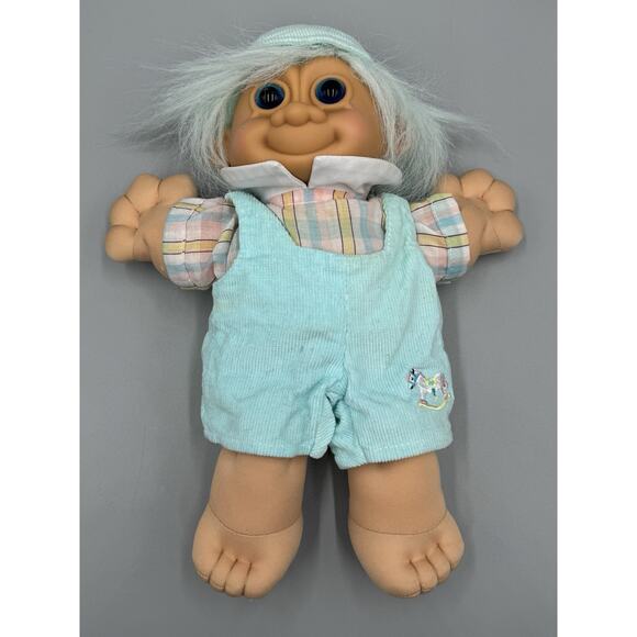 Vintage Russ Troll Kidz Plush Doll Boy with Teal Clothes Overalls 11” - Picture 4 of 9